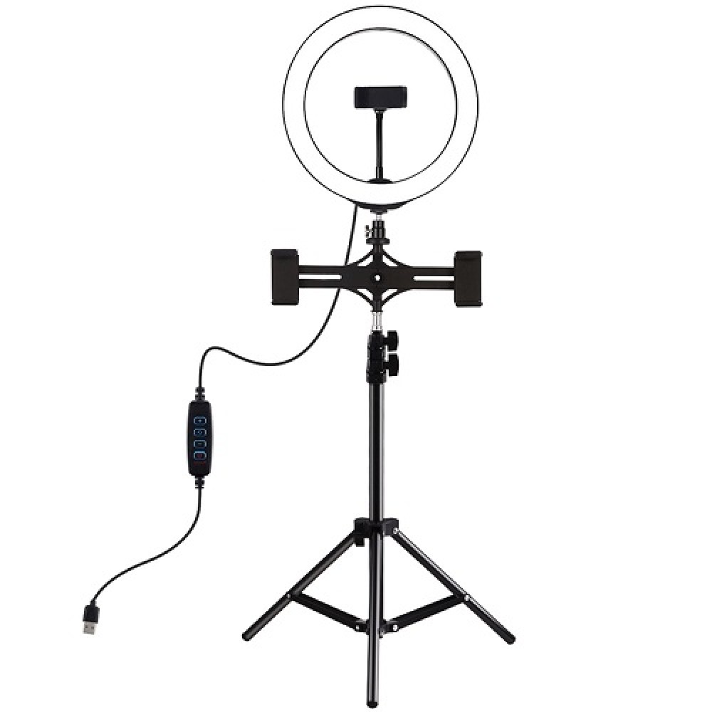 LED Ring Lamp 26cm With Desktop Tripod Mount Up to 1.1m and 3 Phone Clamps, USB